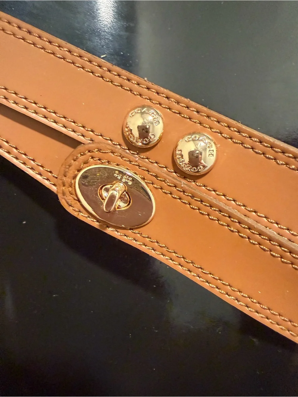 Coach Black Rain Boots with Tan Strap and Gold Accent